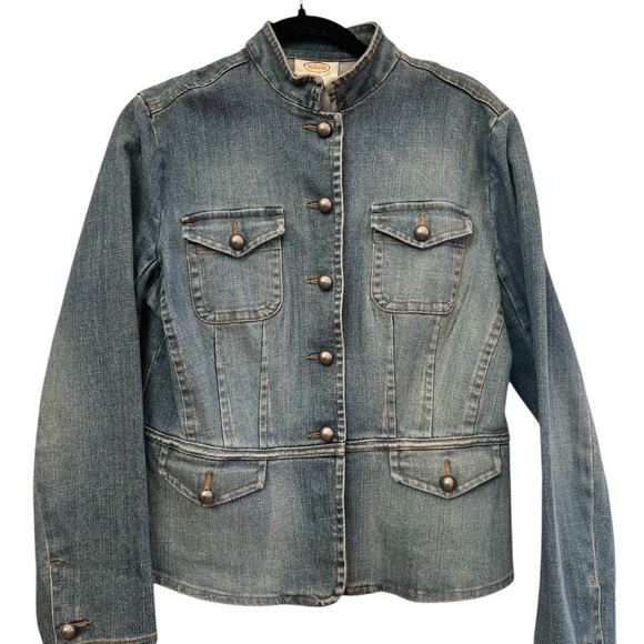 Talbots Jackets & Blazers - Talbots Stretch Cropped Denim Jacket Blue Military Style Button Front Size 12